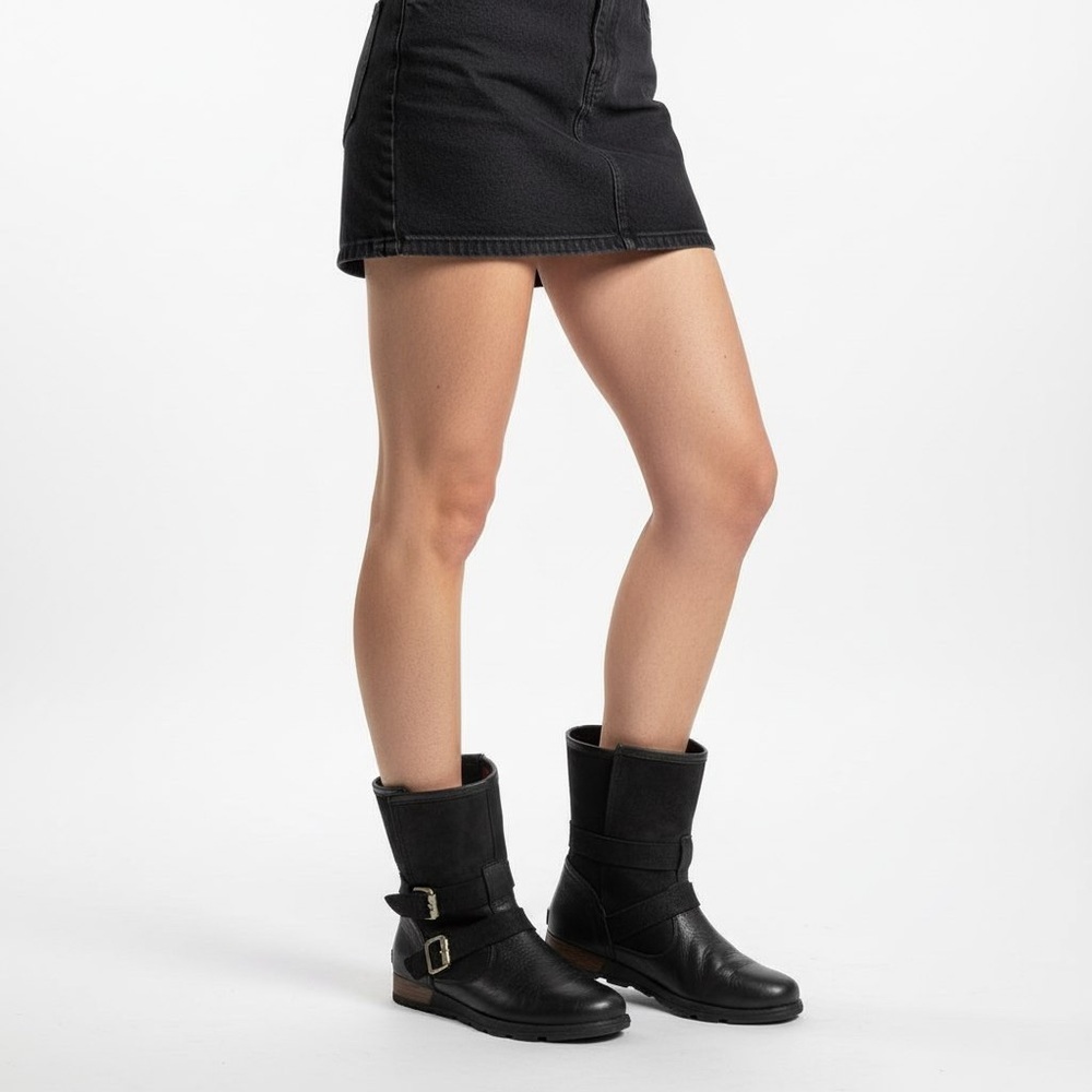 SOREL BLACK LEATHER BUCKLE MOTO BOOTS WOMENS 9